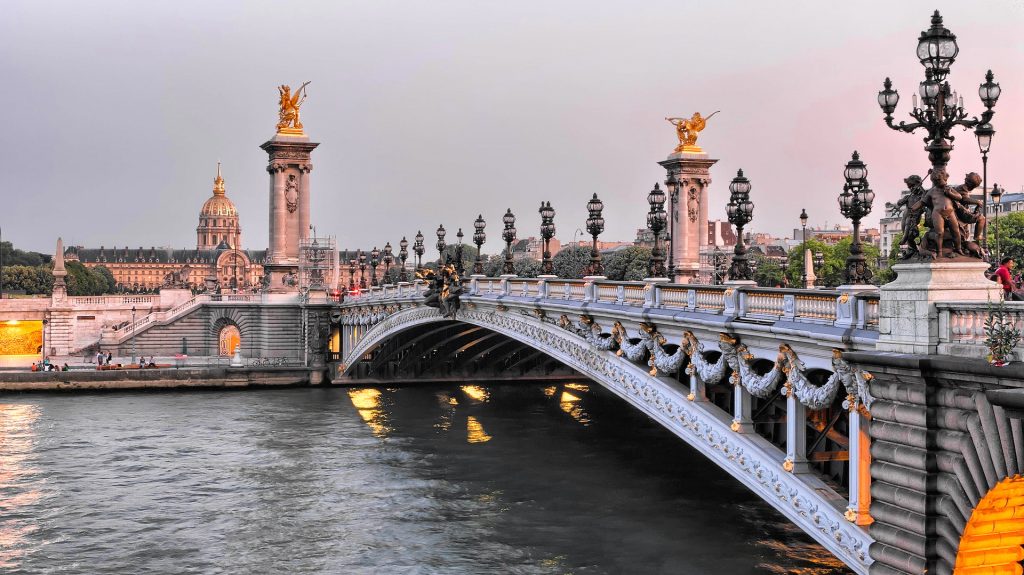 Pont Alexander III Bridge in Paris at dusk